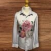 Ringduomao White Sheen Effect Blouse Front Floral Motif Gold Buttons Size 3XL