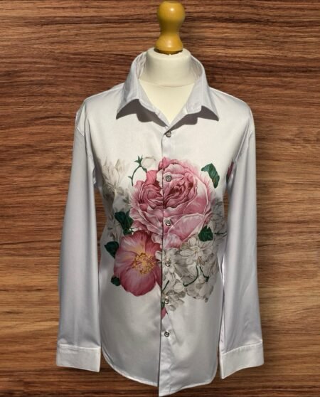 Ringduomao White Sheen Effect Blouse Front Floral Motif Gold Buttons Size 3XL