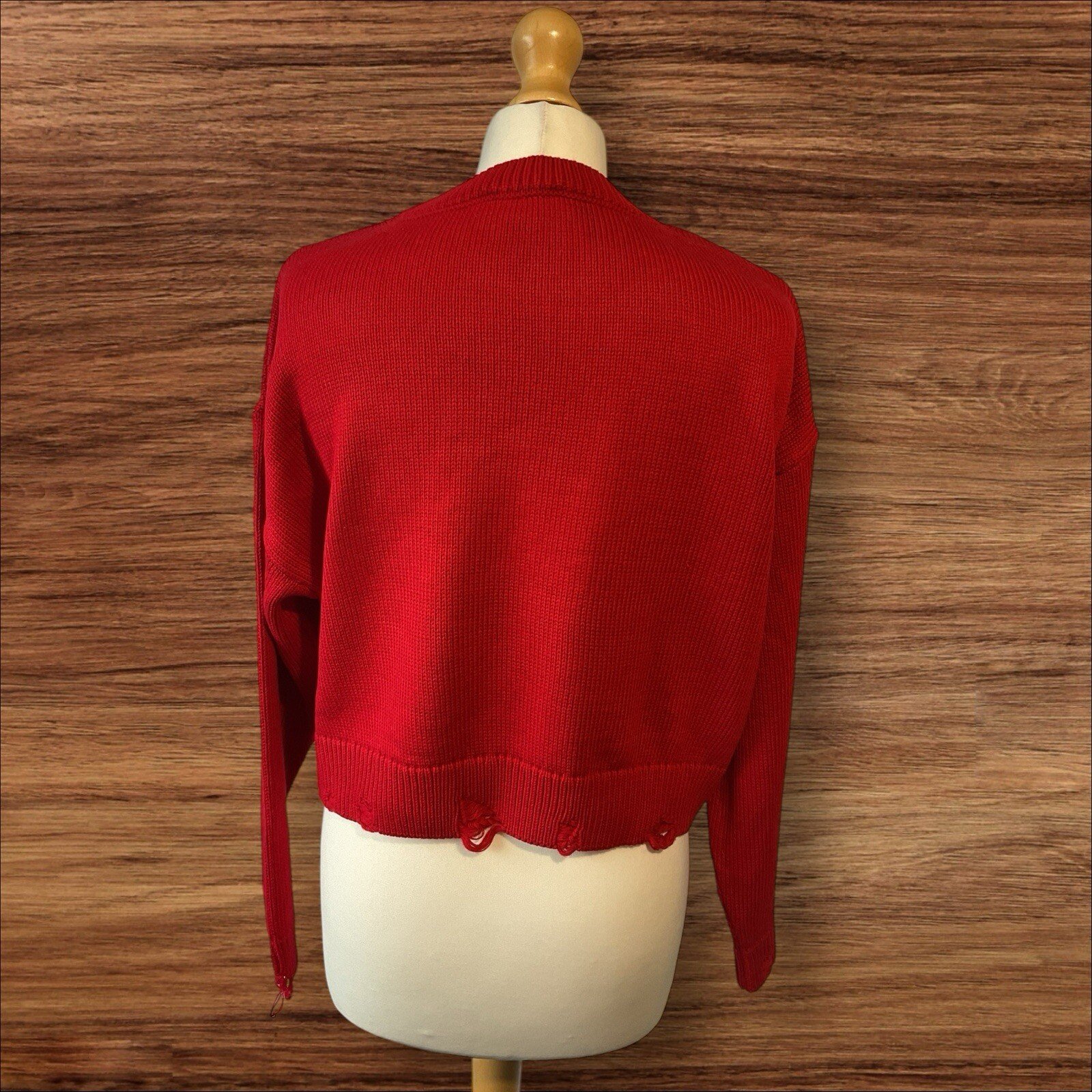 Stradivarius Red Crop Jumper Distressed Cuff/hem Front Motif Size M
