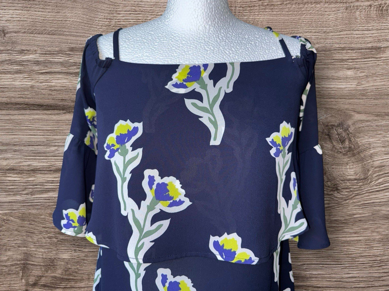 Warehouse Navy Floral Cold Shoulder Ruffled Frill Blouse Size 10