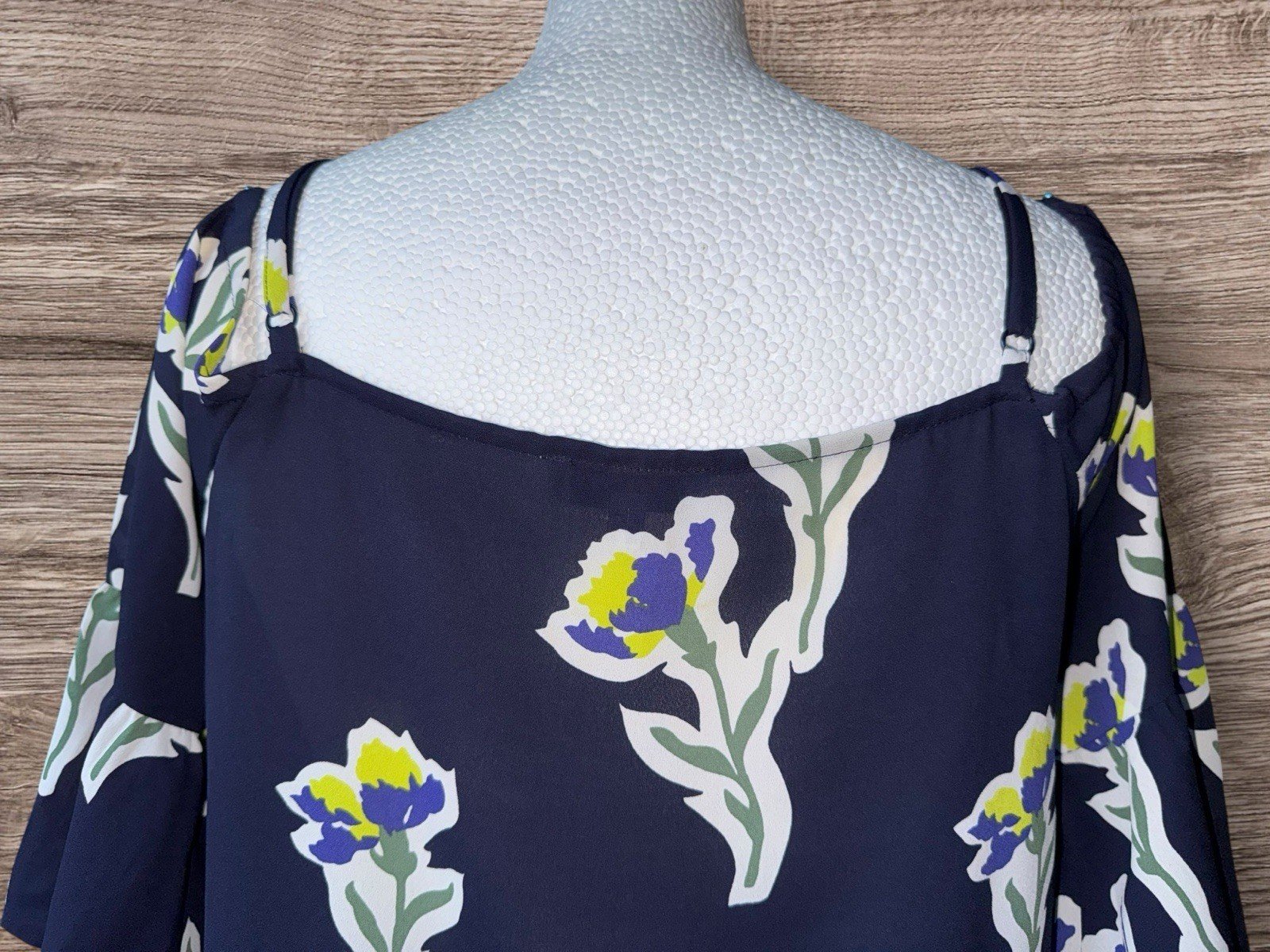 Warehouse Navy Floral Cold Shoulder Ruffled Frill Blouse Size 10