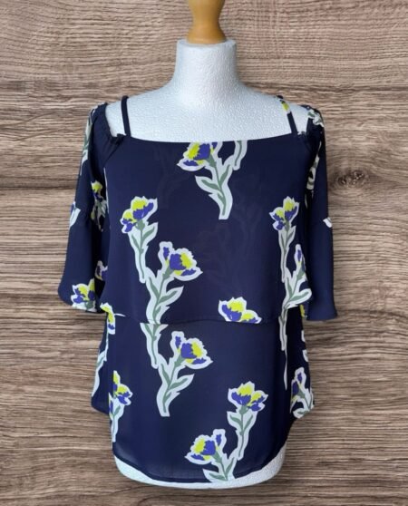 Warehouse Navy Floral Cold Shoulder Ruffled Frill Blouse Size 10