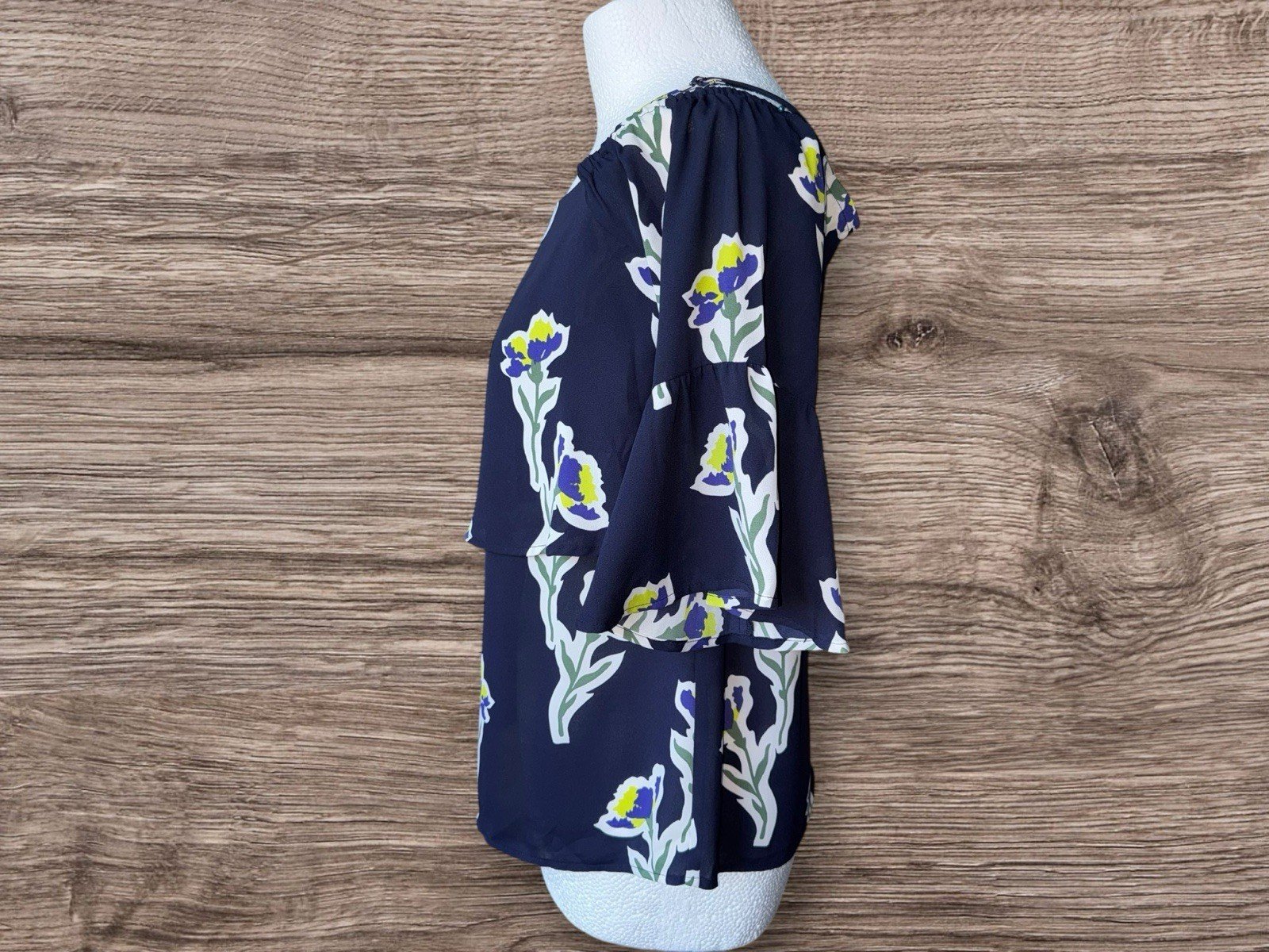 Warehouse Navy Floral Cold Shoulder Ruffled Frill Blouse Size 10