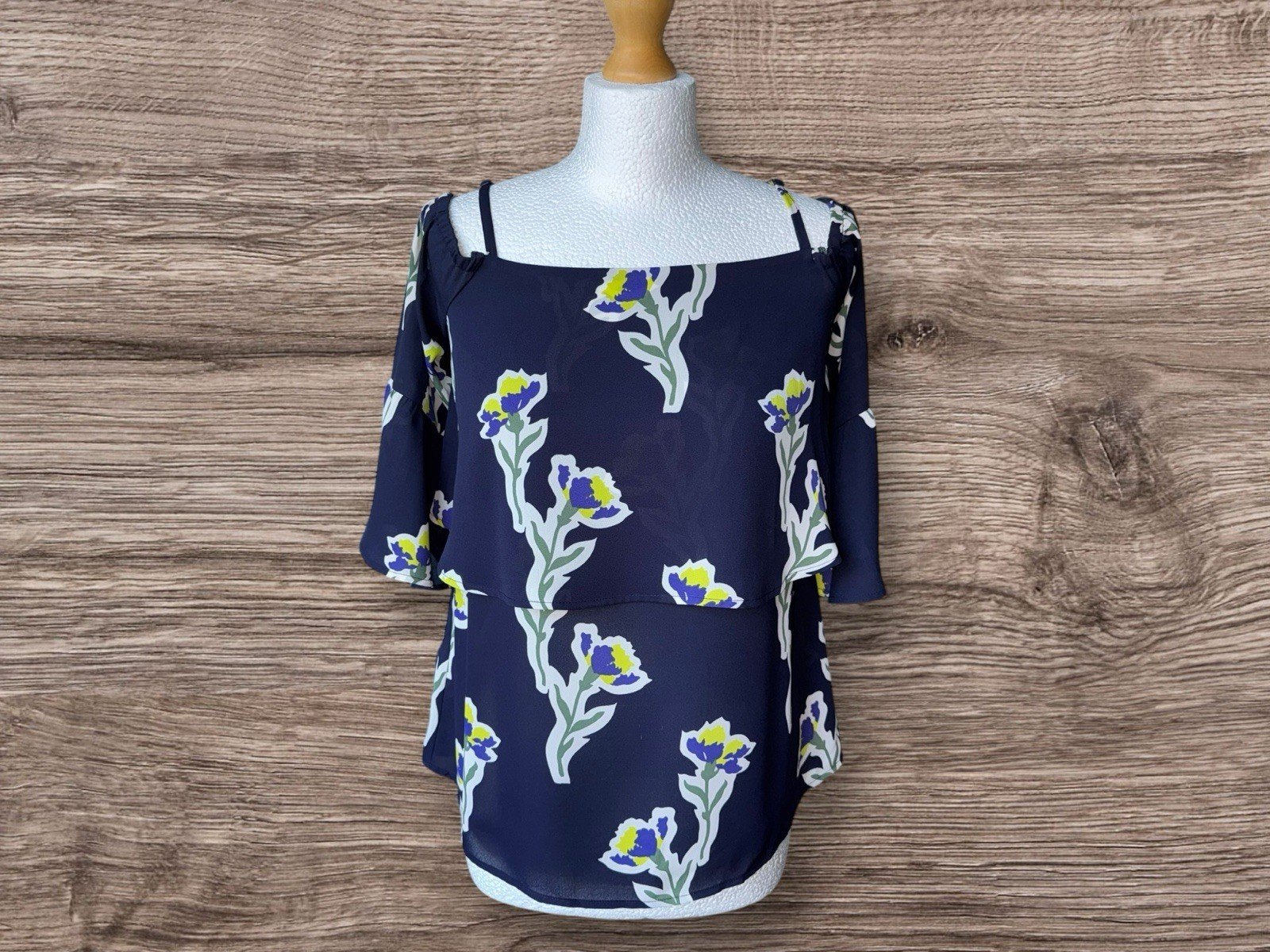 Warehouse Navy Floral Cold Shoulder Ruffled Frill Blouse Size 10