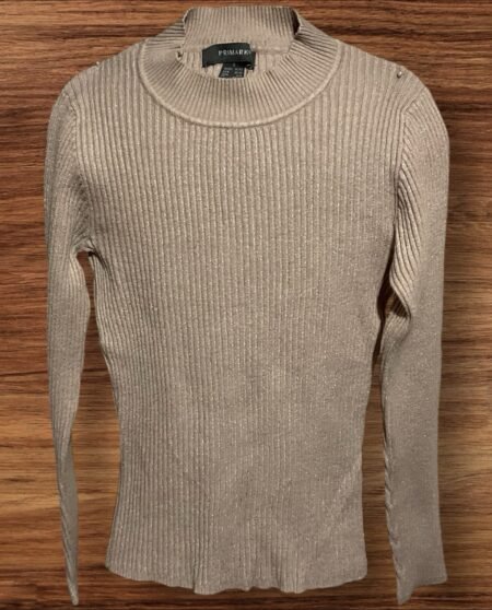 Beige Ribbed Tight Knit Jumper High Neck Long Sleeves Size S