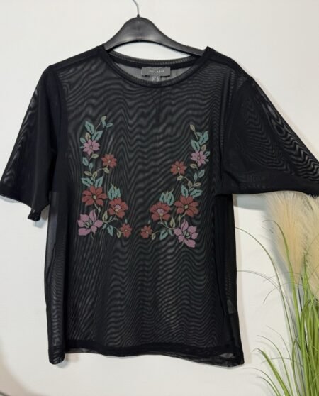 Black Net Layering Floral Short Sleeve Top Size M