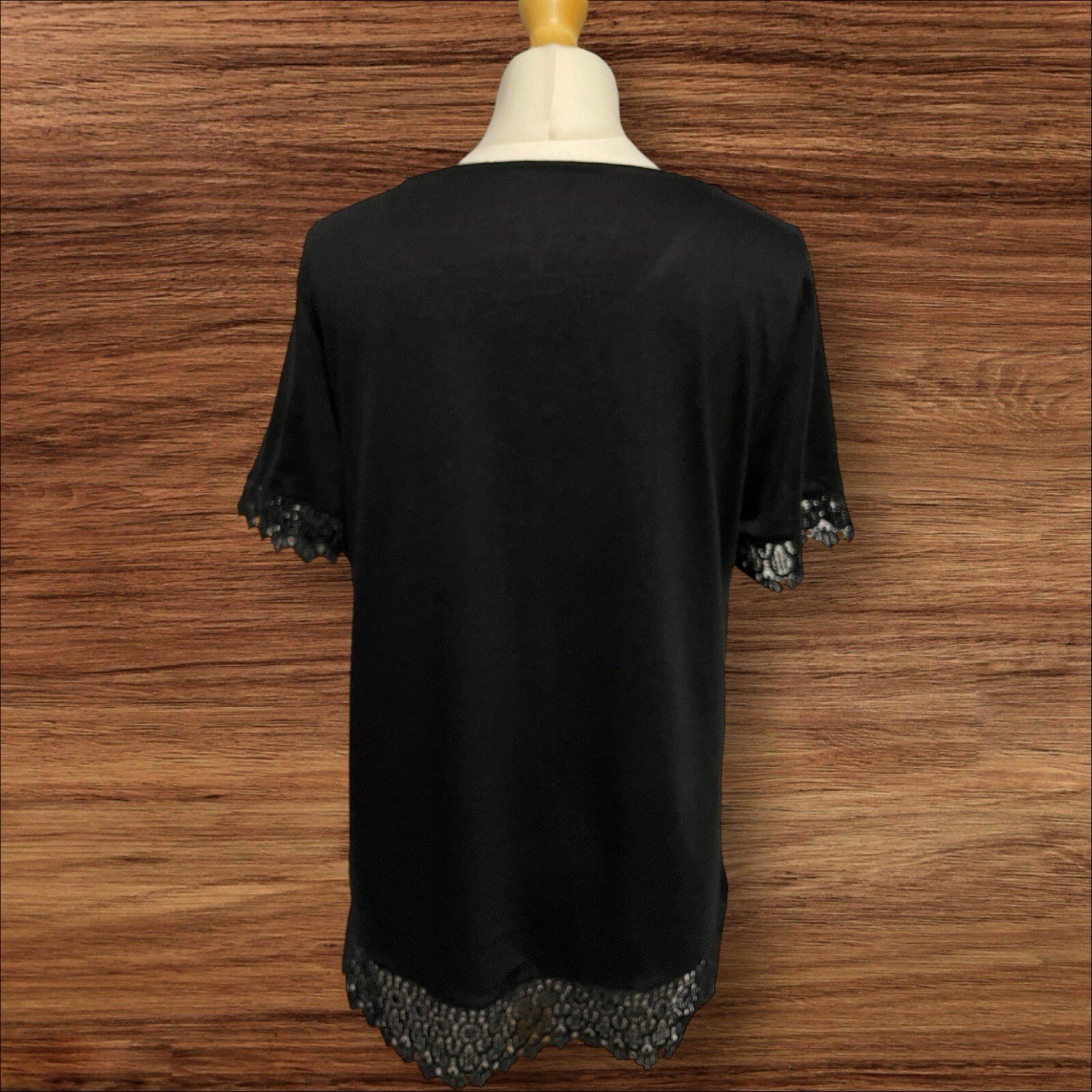 Black Round Neck T Shirt With Lace Effect Sleeve Cuff And Hem Short Sleeve S. 14