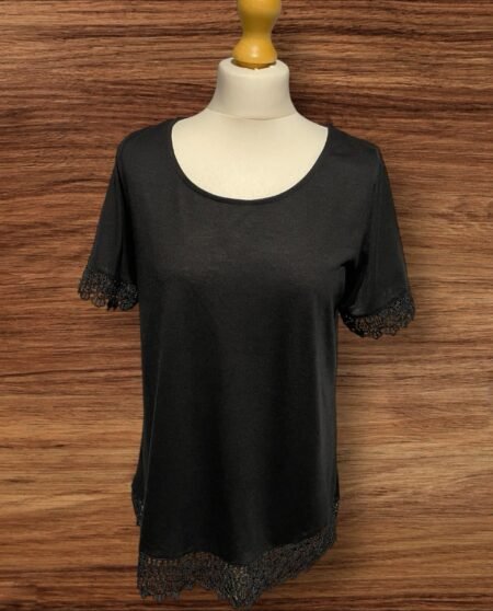 Black Round Neck T Shirt With Lace Effect Sleeve Cuff And Hem Short Sleeve S. 14