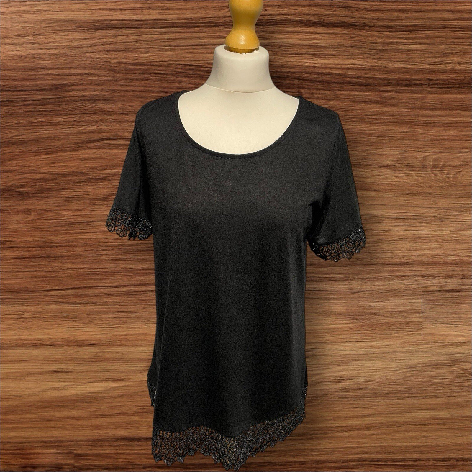Black Round Neck T Shirt With Lace Effect Sleeve Cuff And Hem Short Sleeve S. 14