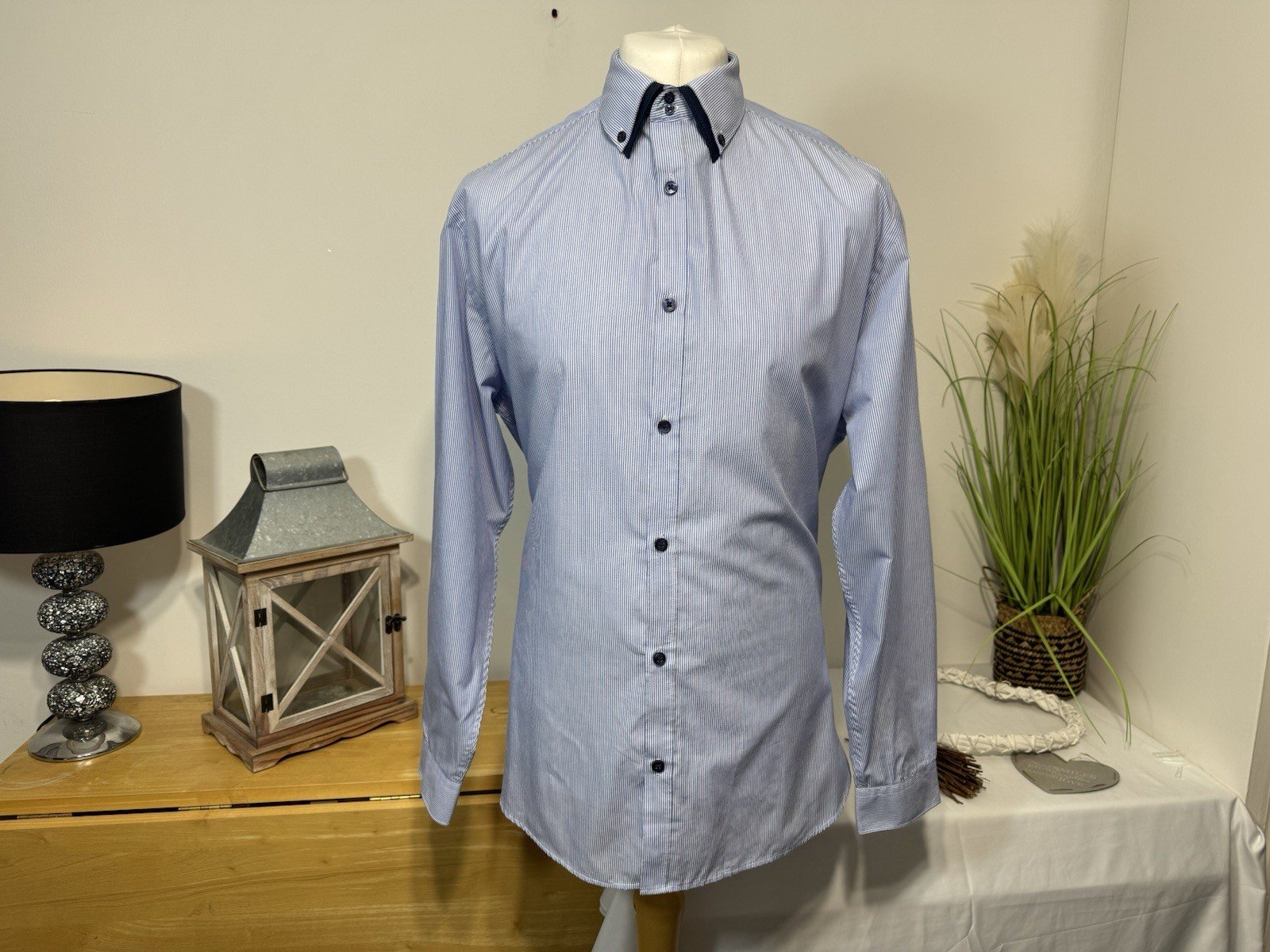 Blue Pinstripe Slim Fit Button Down Collar Shirt Neck 17