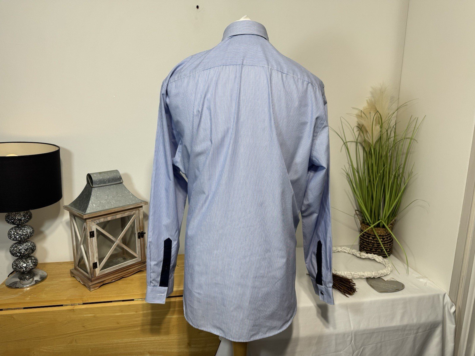 Blue Pinstripe Slim Fit Button Down Collar Shirt Neck 17