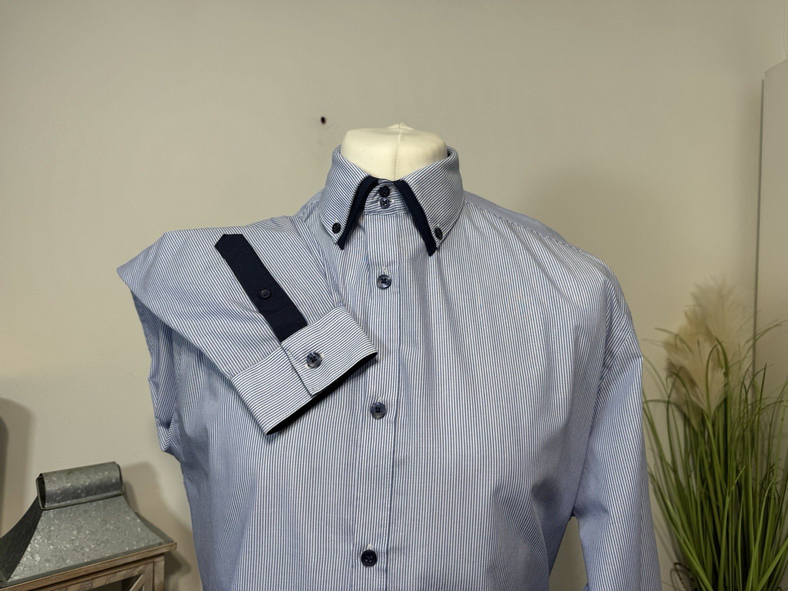 Blue Pinstripe Slim Fit Button Down Collar Shirt Neck 17