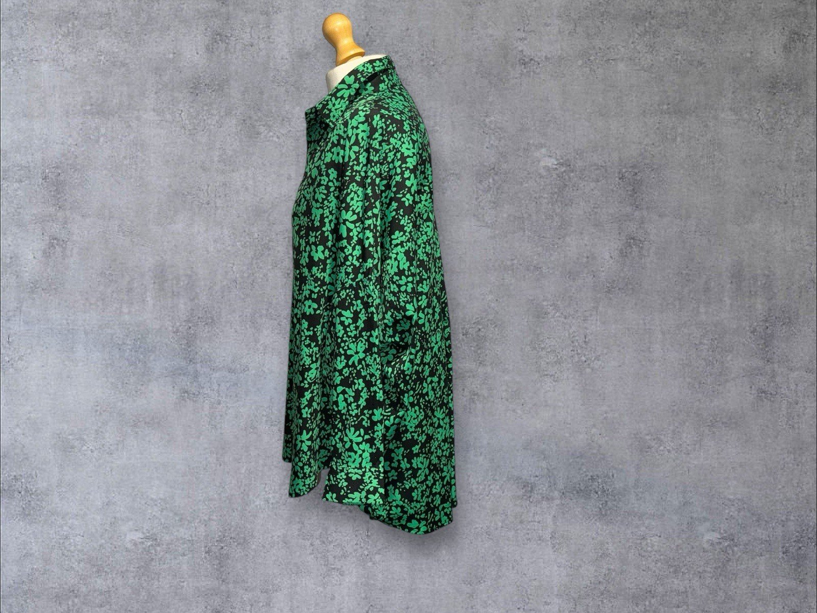 French Connection Black With Green Floral Print Tunic Collared Cuff Sleeve L