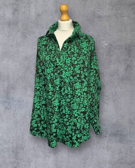 French Connection Black With Green Floral Print Tunic Collared Cuff Sleeve L