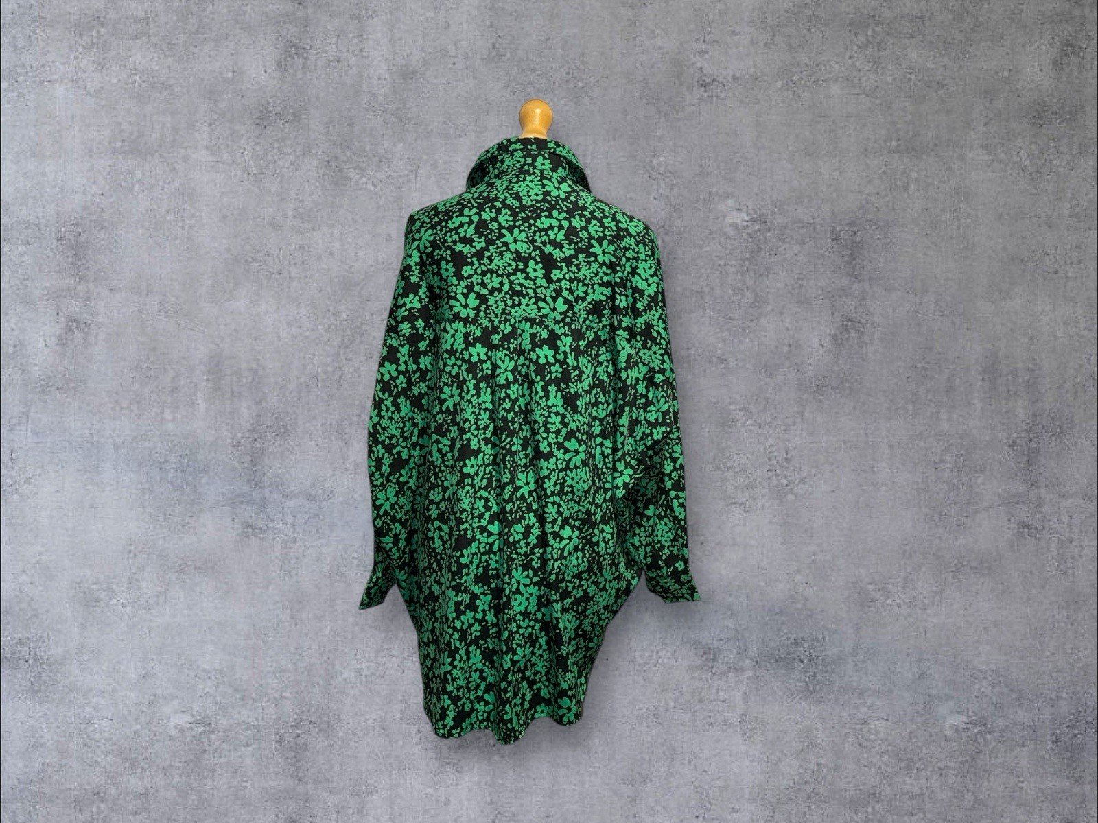 French Connection Black With Green Floral Print Tunic Collared Cuff Sleeve L