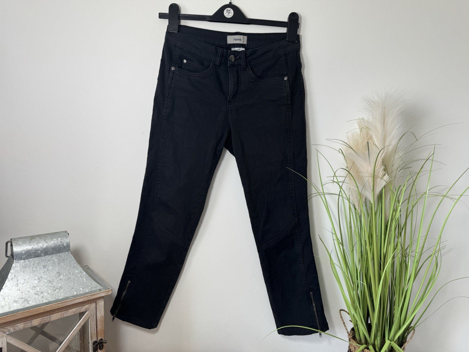 Heine Black Crop Stretch Jeans With Side Seam Zip Size 8P