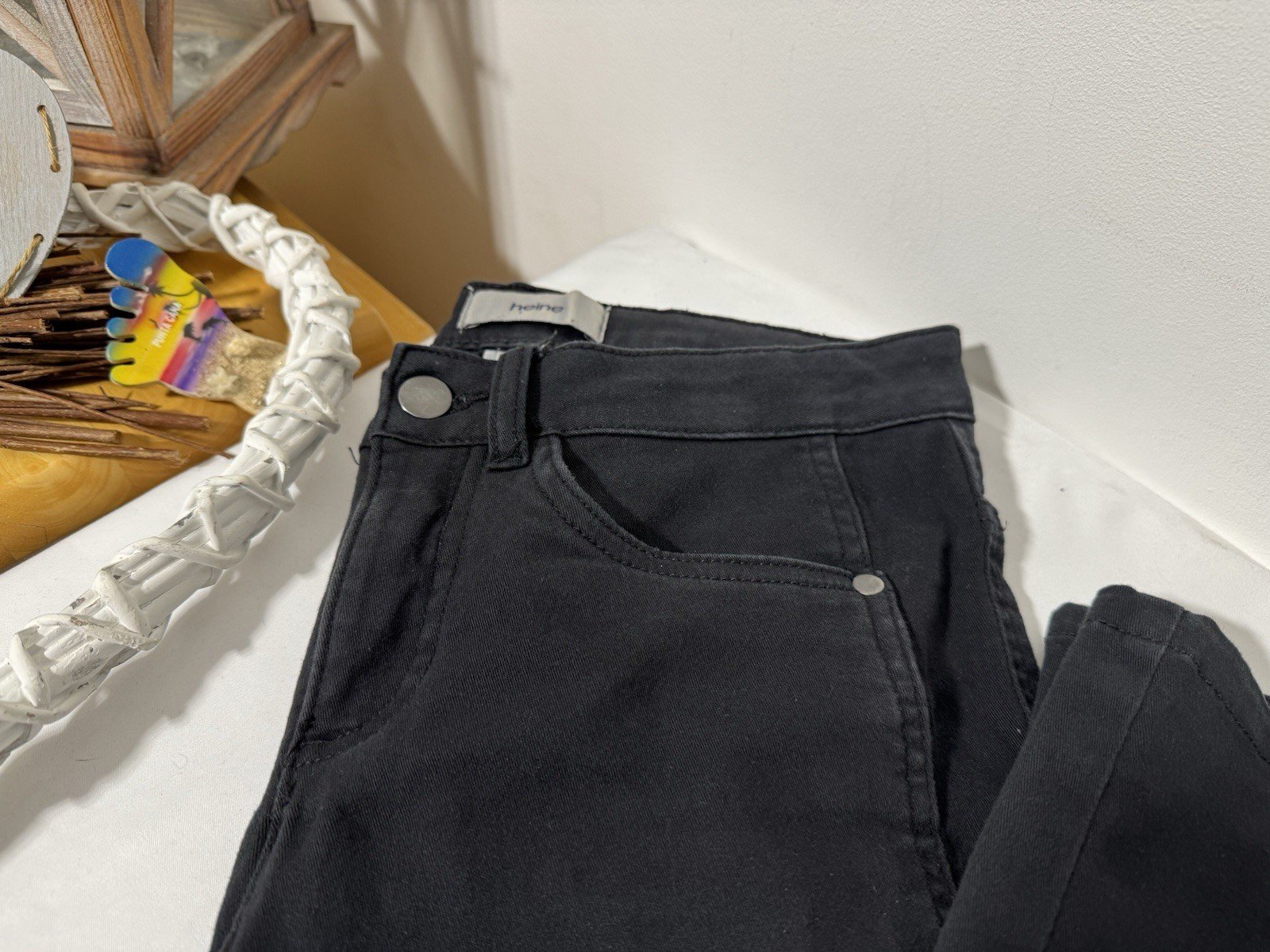 Heine Black Crop Stretch Jeans With Side Seam Zip Size 8P