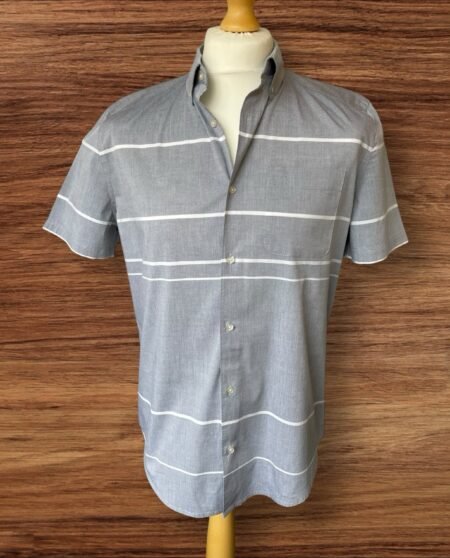 Mens Next Grey Stripe Shirt Button Down Collar Short Sleeve Size M