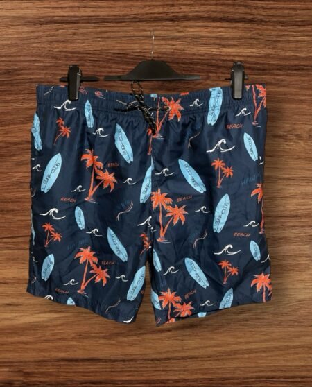 Navy Blue Swim Shorts Surf Board Palm Tree Design Elastic Waist Size 2XL