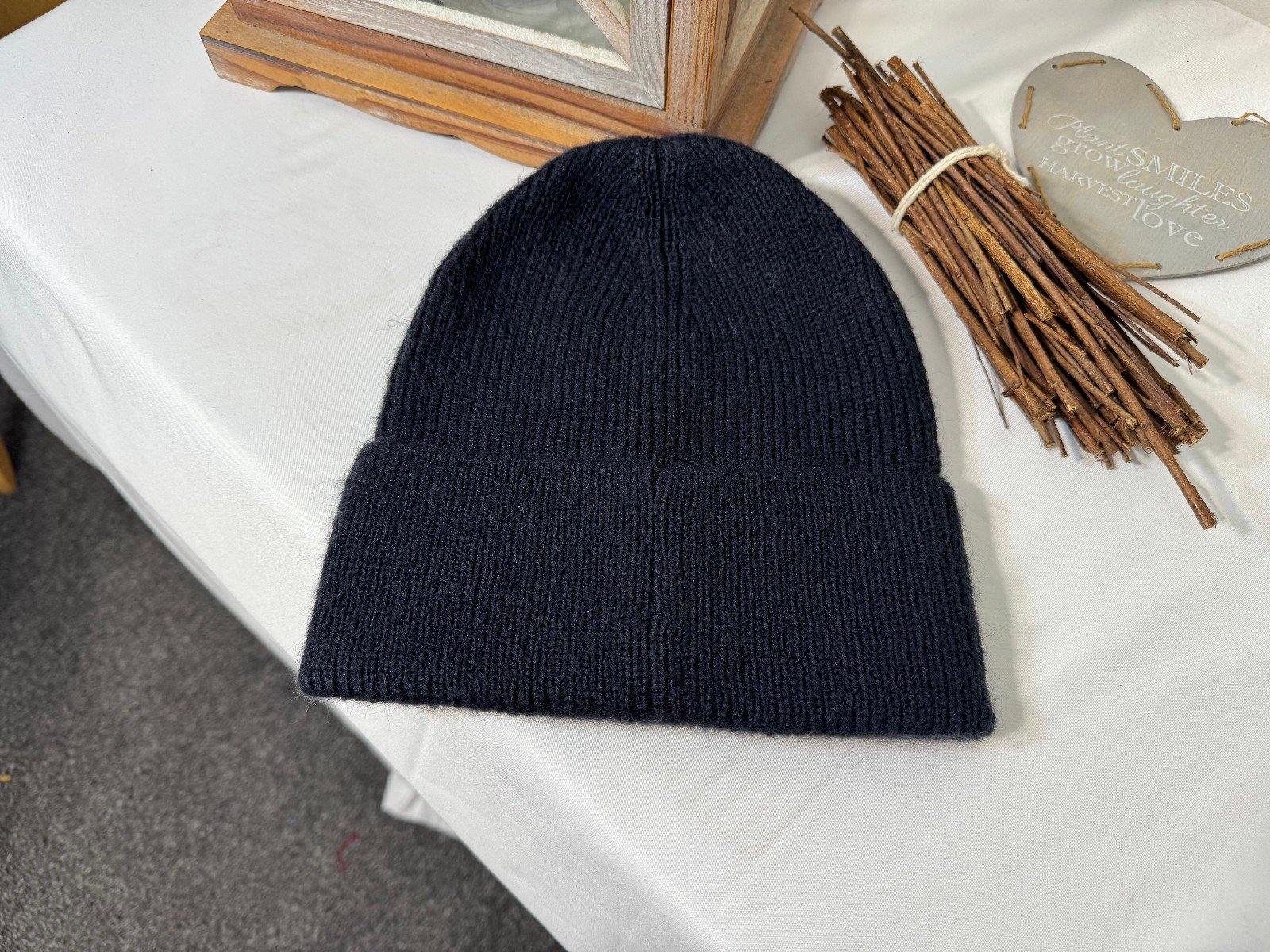 Navy Rib Knit Beanie Hat One Size
