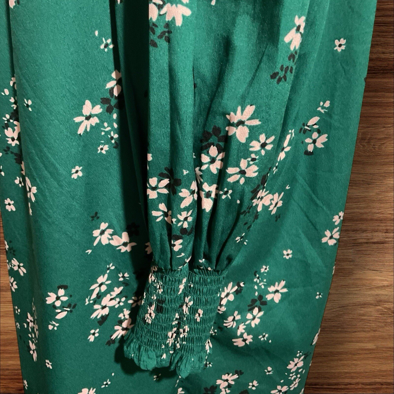 New Look Green Dress Floral Detail Elastic Yolk/cuff Bell Sleeve Size 12