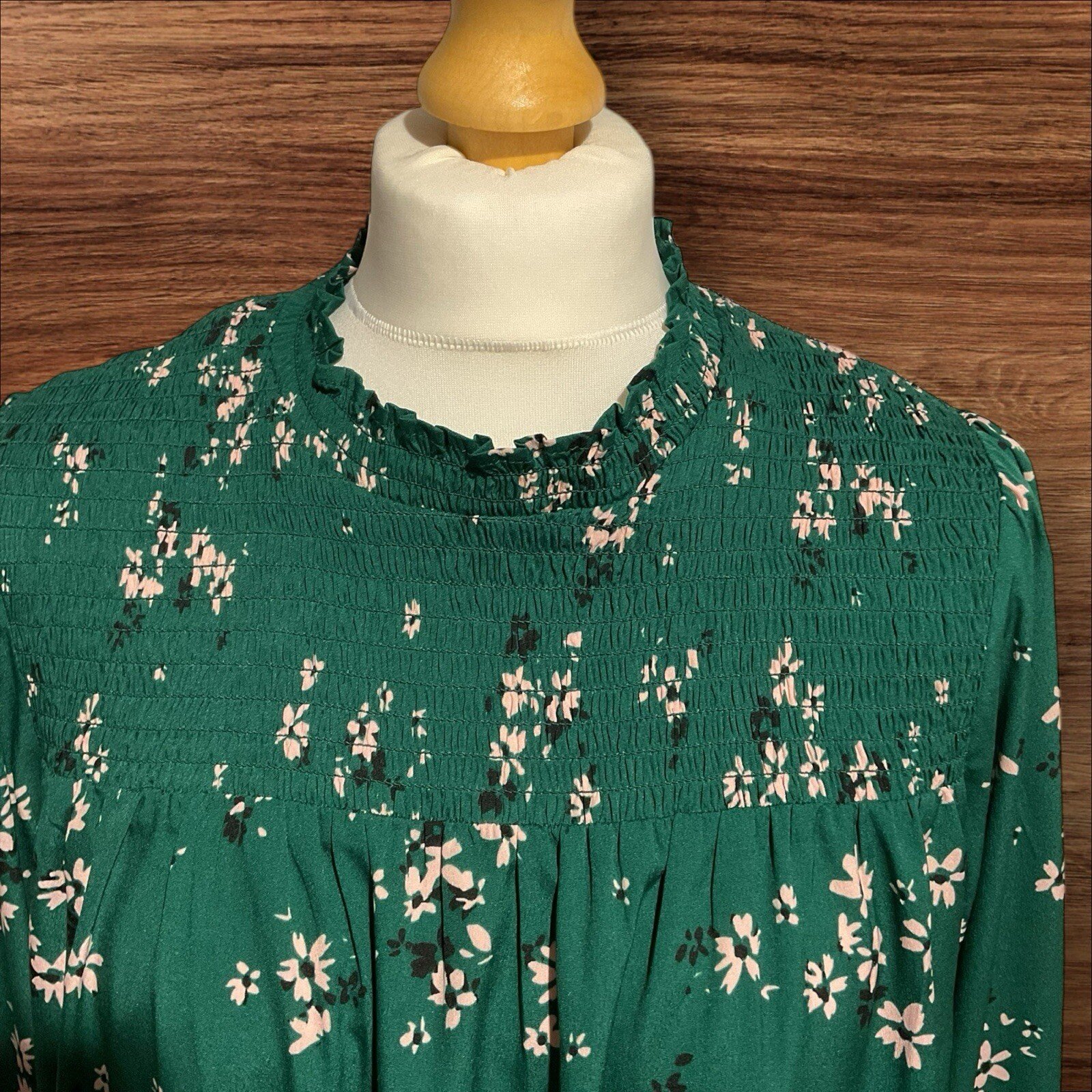 New Look Green Dress Floral Detail Elastic Yolk/cuff Bell Sleeve Size 12