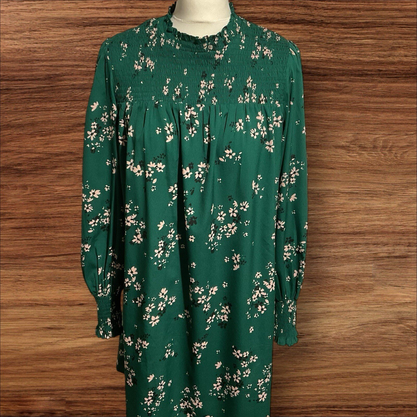 New Look Green Dress Floral Detail Elastic Yolk/cuff Bell Sleeve Size 12