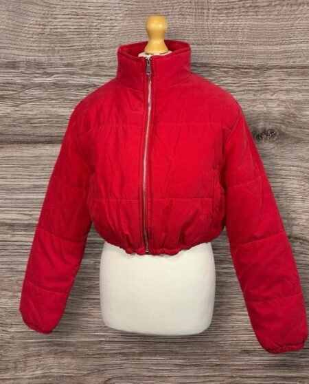 PLT Red Peach Skin Cropped Puffer Jacket Adjustable Elasticated Hem Size 8