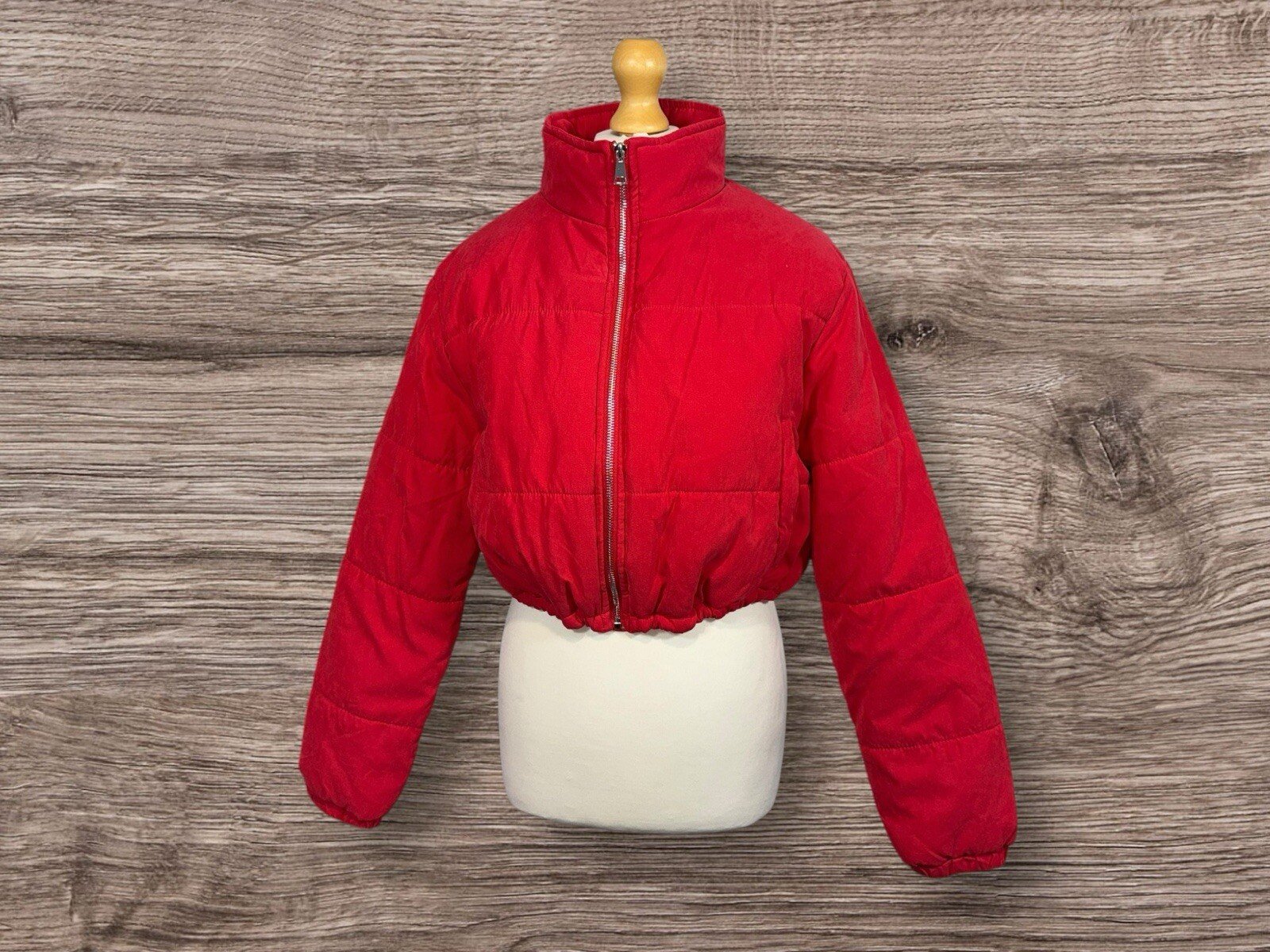 PLT Red Peach Skin Cropped Puffer Jacket Adjustable Elasticated Hem Size 8