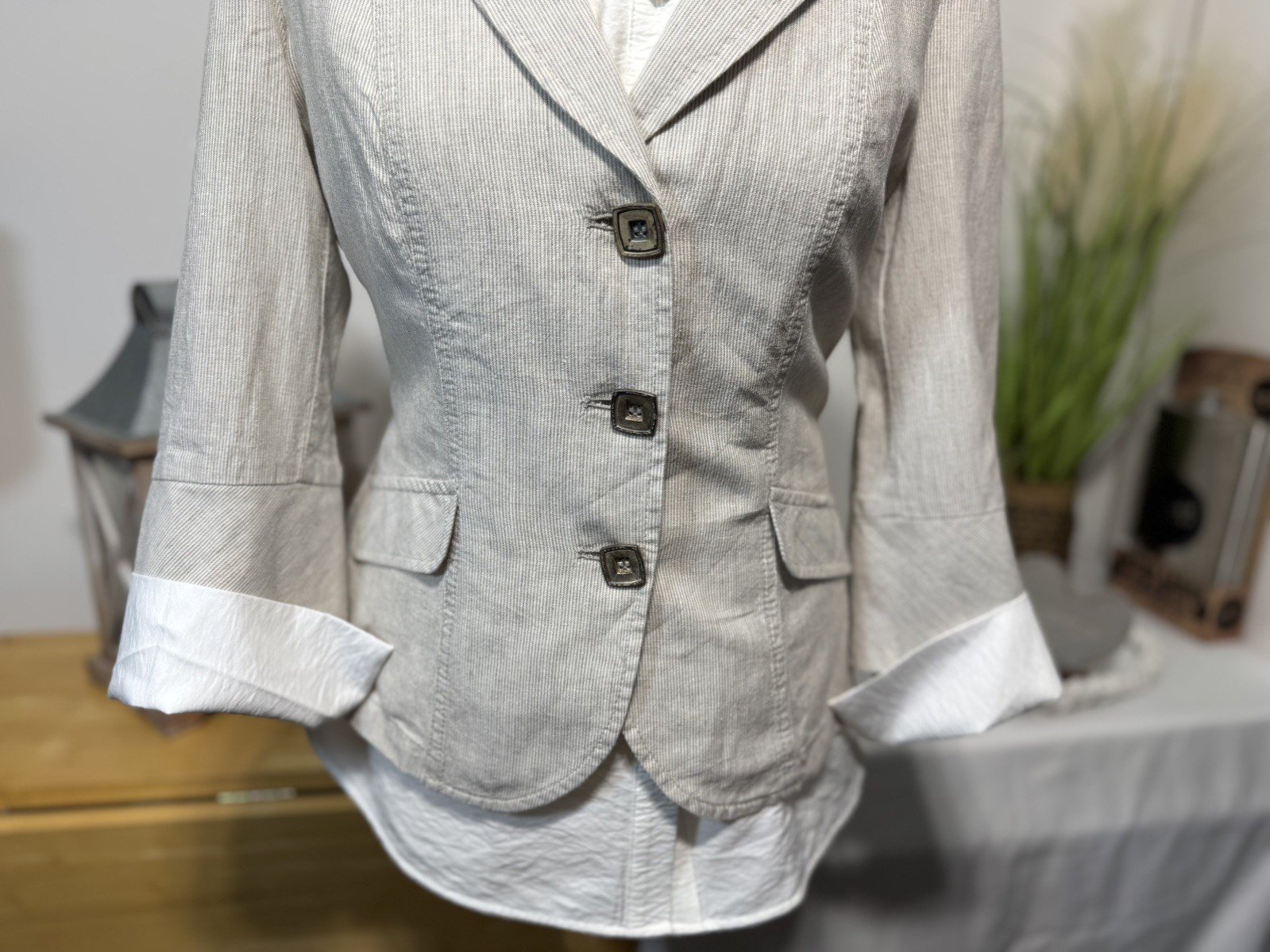 Per Una Cream & Grey Delicate Pinstripe Linen Blend Jacket Size 10