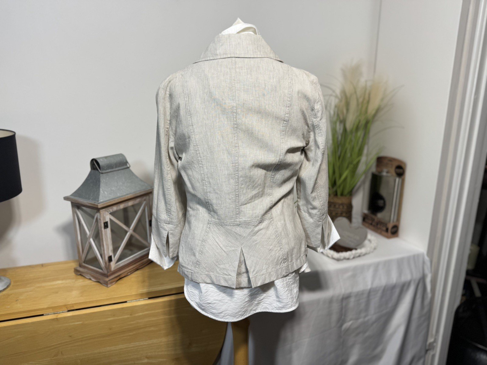 Per Una Cream & Grey Delicate Pinstripe Linen Blend Jacket Size 10