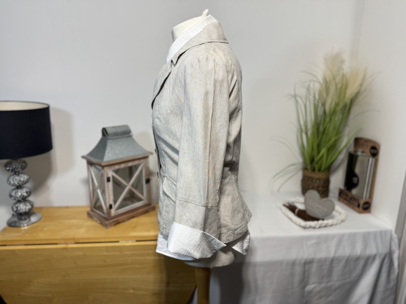 Per Una Cream & Grey Delicate Pinstripe Linen Blend Jacket Size 10