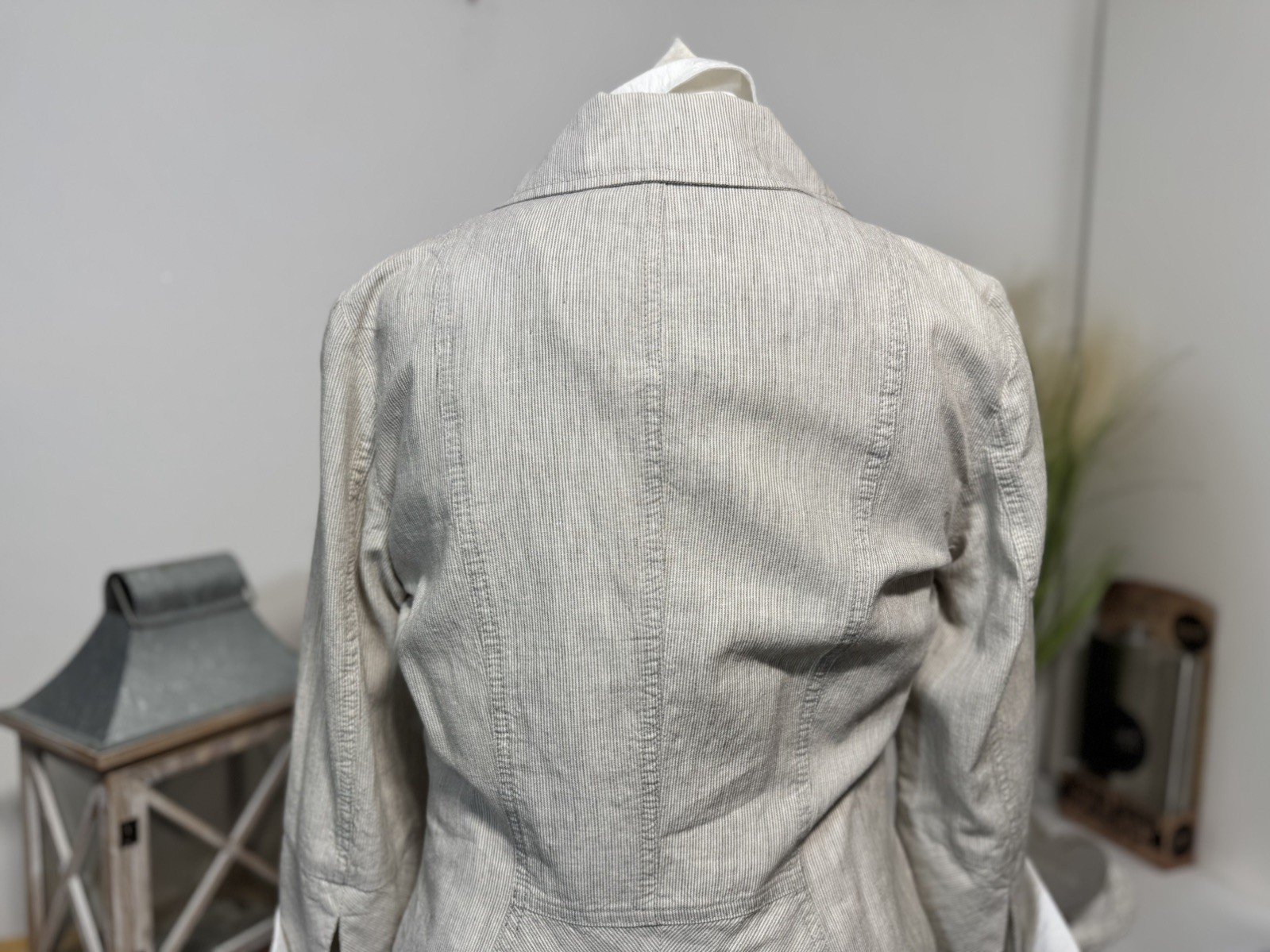Per Una Cream & Grey Delicate Pinstripe Linen Blend Jacket Size 10