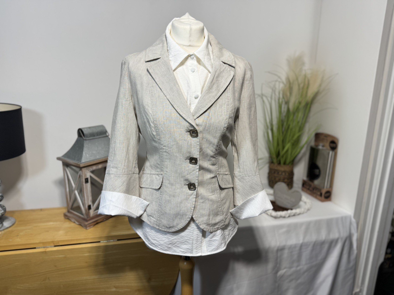 Per Una Cream & Grey Delicate Pinstripe Linen Blend Jacket Size 10