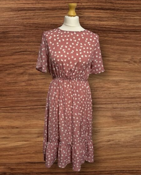 Pink Flora Dress Elastic Waist Frill Hem Short Sleeve Size L