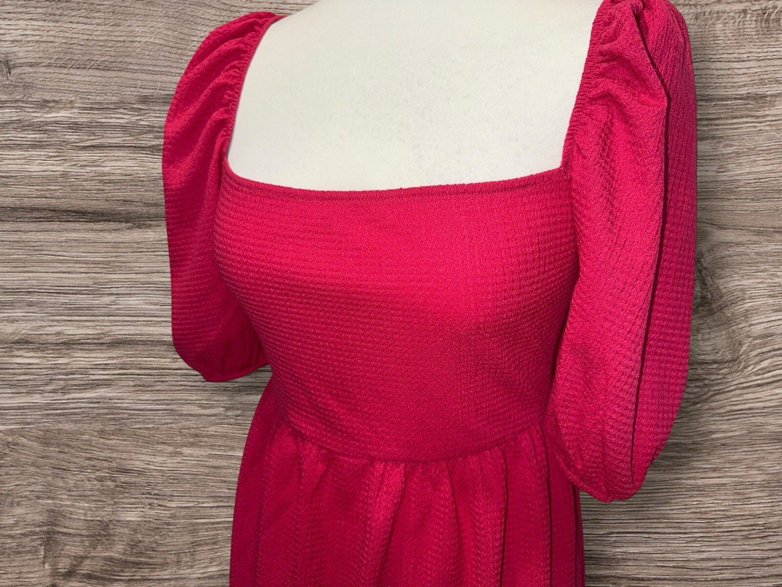Primark Fushia Pink Waffle Style Dress Square Neck Balloon Sleeve Size 12/14