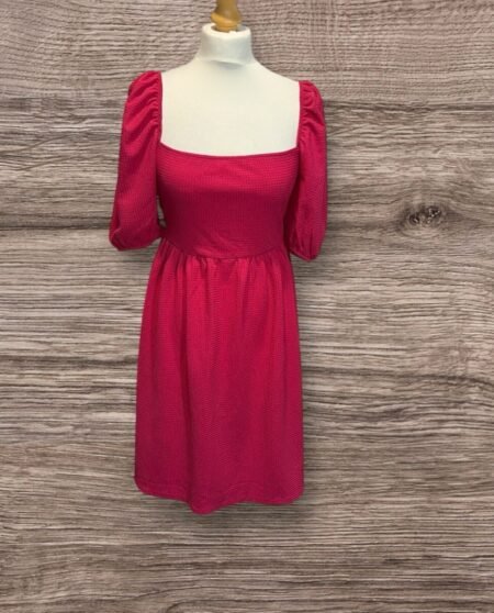 Primark Fushia Pink Waffle Style Dress Square Neck Balloon Sleeve Size 12/14