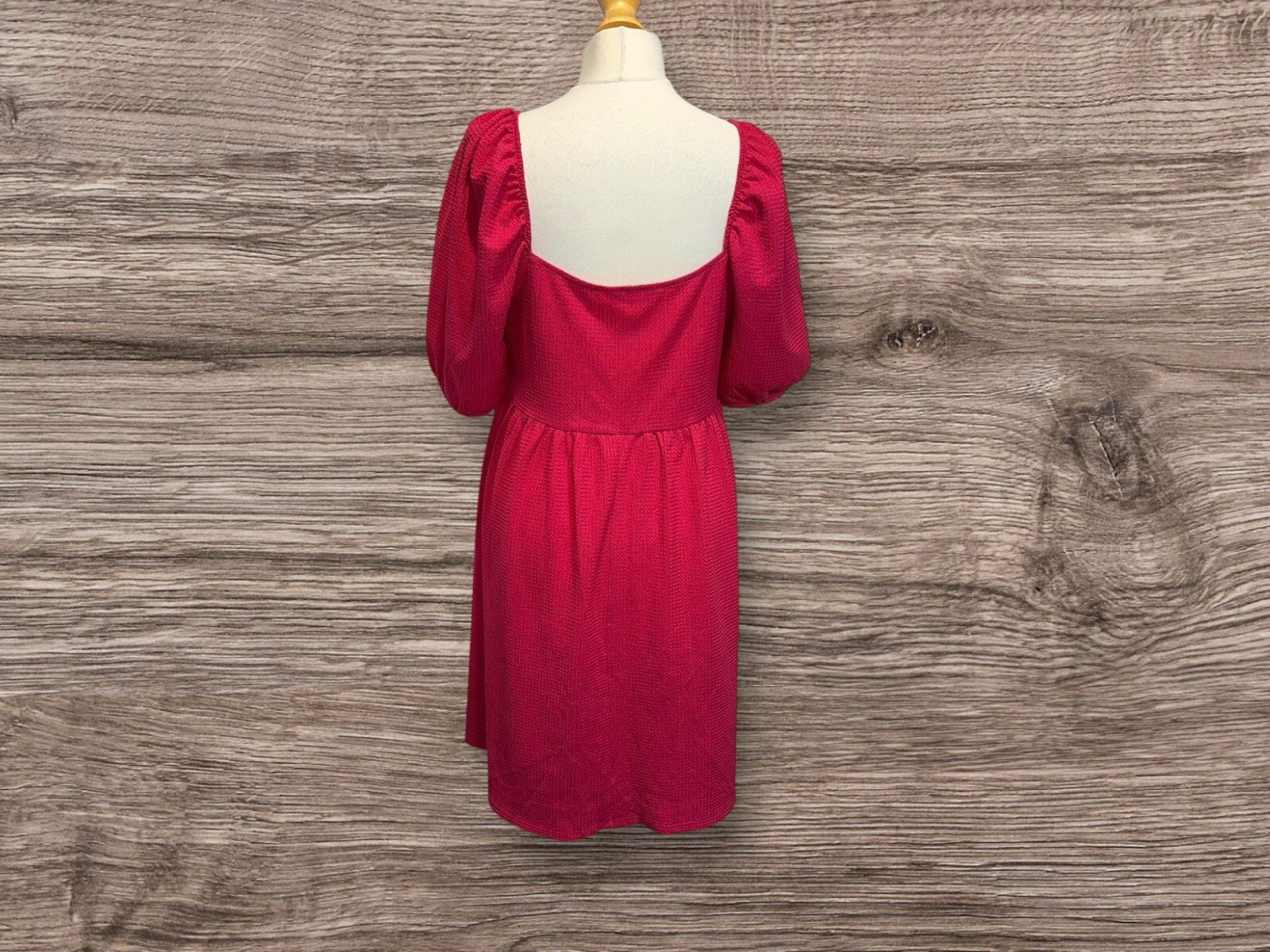 Primark Fushia Pink Waffle Style Dress Square Neck Balloon Sleeve Size 12/14