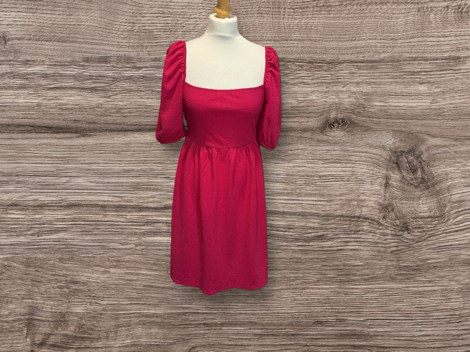Primark Fushia Pink Waffle Style Dress Square Neck Balloon Sleeve Size 12/14