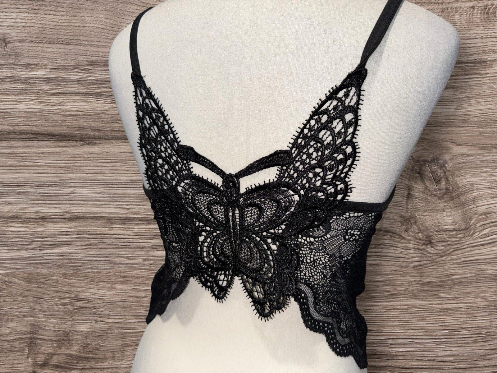 SHEIN Black Stretch Crop Top Lace Effect Overlay Butterfly Back Detail Size L