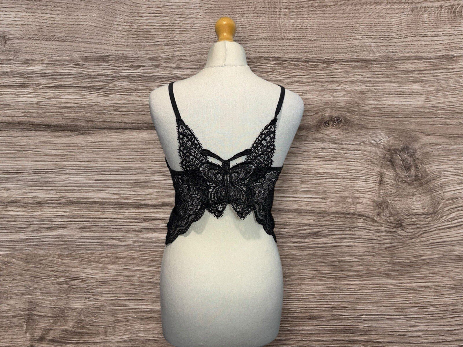 SHEIN Black Stretch Crop Top Lace Effect Overlay Butterfly Back Detail Size L