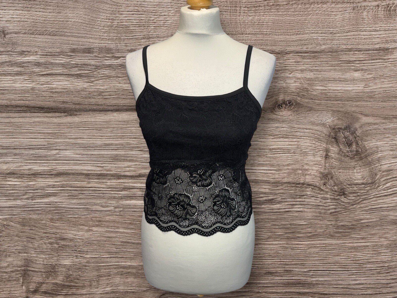 SHEIN Black Stretch Crop Top Lace Effect Overlay Butterfly Back Detail Size L