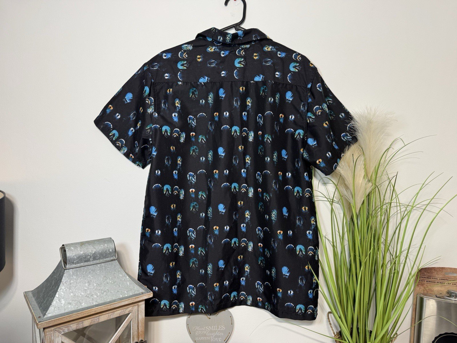 South Beach Black Print Short Sleeve Open Neck Shirt Size M