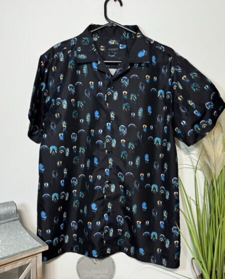 South Beach Black Print Short Sleeve Open Neck Shirt Size M
