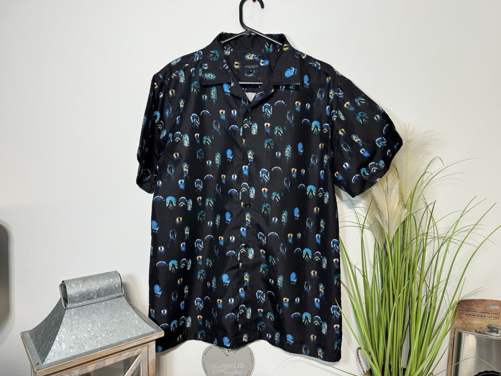 South Beach Black Print Short Sleeve Open Neck Shirt Size M