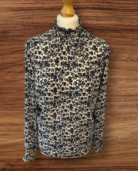 White High Neck Blouse Blue Floral Pattern Elastic Cuffs Side Split Bottom S-14