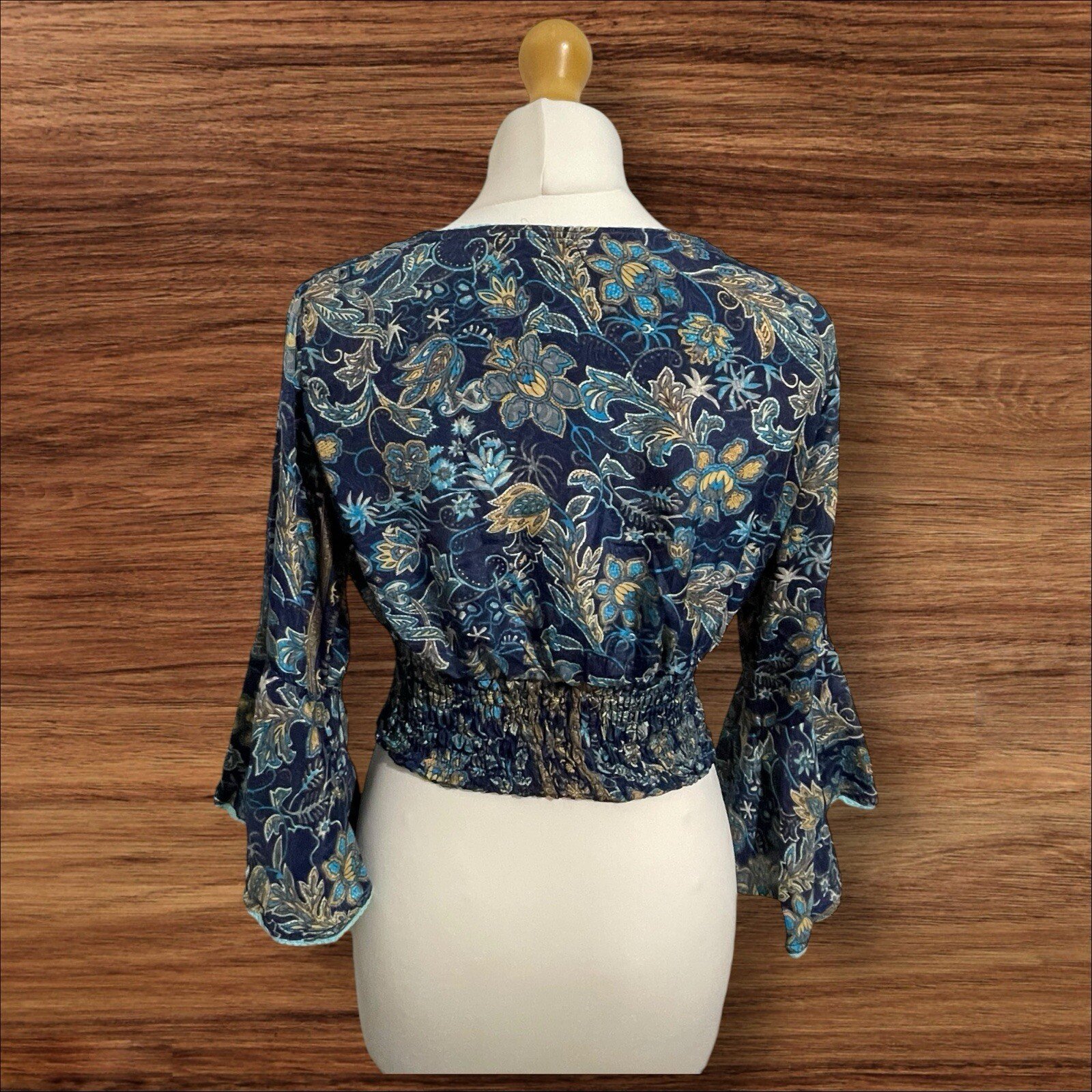 Womens Floral Top Flared Sleeves Elastic Deep Waistband V Neck