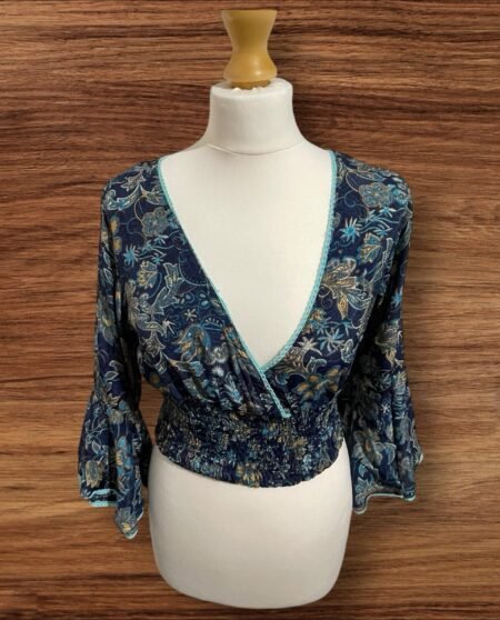 Womens Floral Top Flared Sleeves Elastic Deep Waistband V Neck