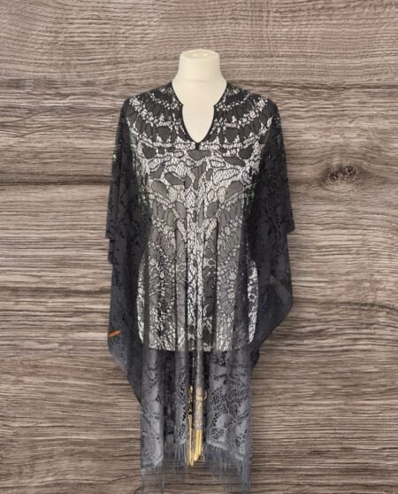 Black Lace Effect Beach Cover Up With Tassel Bottom Open Sides One Size