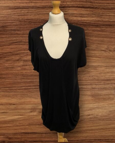Black Stretch Tunic Front Pockets Sleeveless Scoop Neck Bronze Ring Detail S18